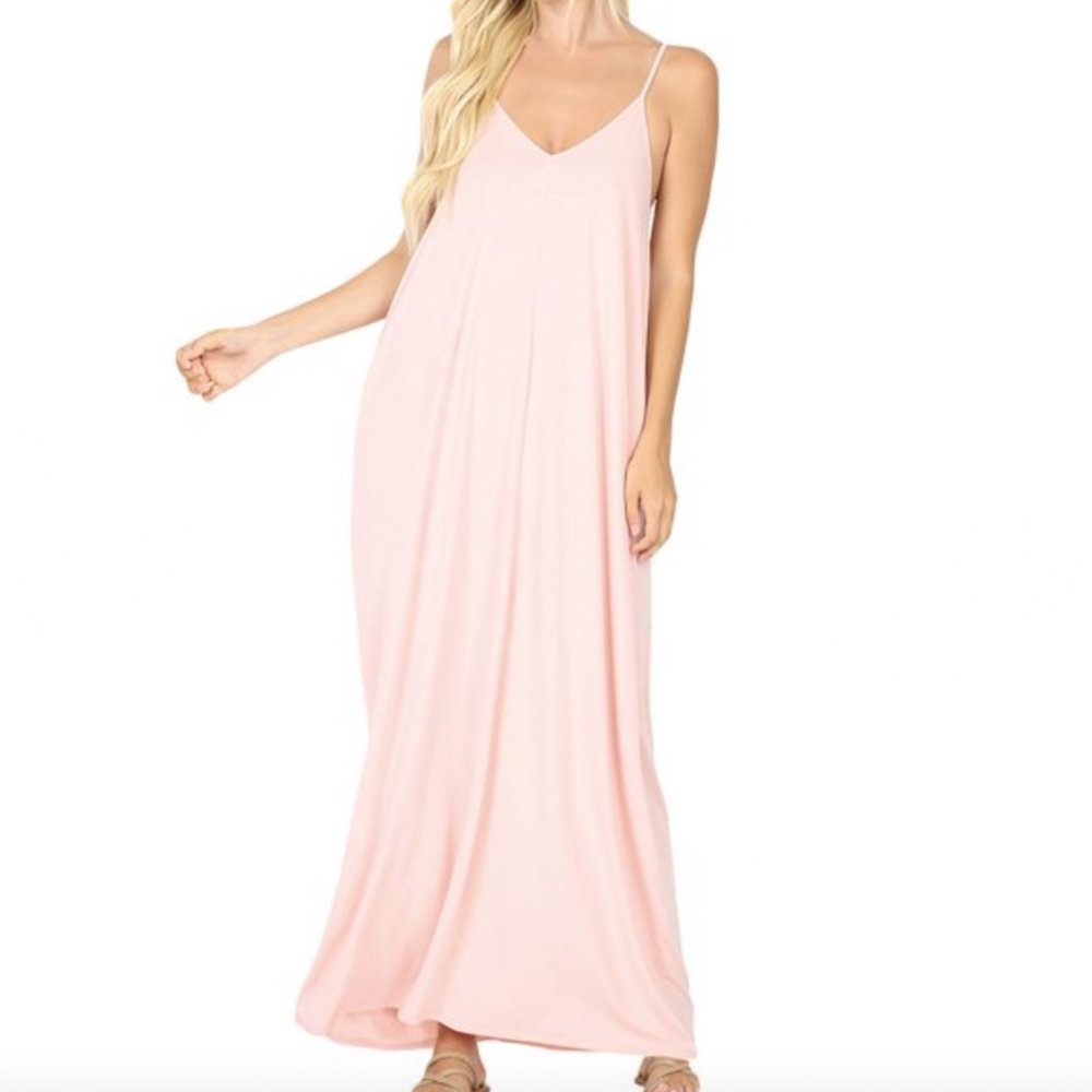 Zenana Premium Pink V-Neck Thin Strap Draped Jersey Beach Summer Cami Long Maxi